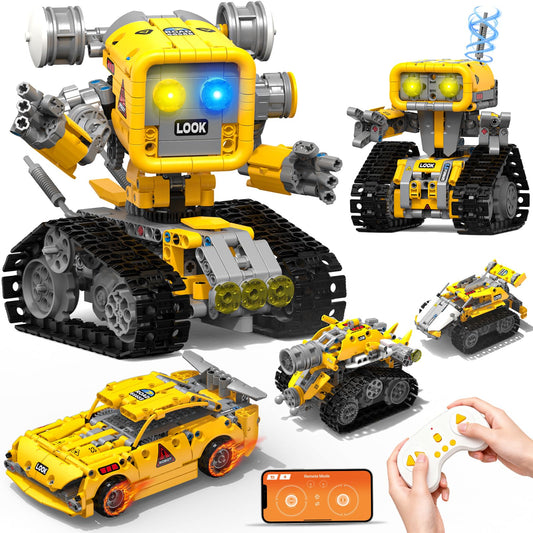 Glikid 5-in-1 robot kit build session with sorted bricks for easy parts finding.