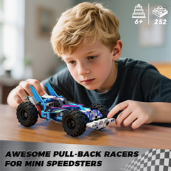 Glikid Technic pull-back motor action speeds races across carpets, floors, and patios.
