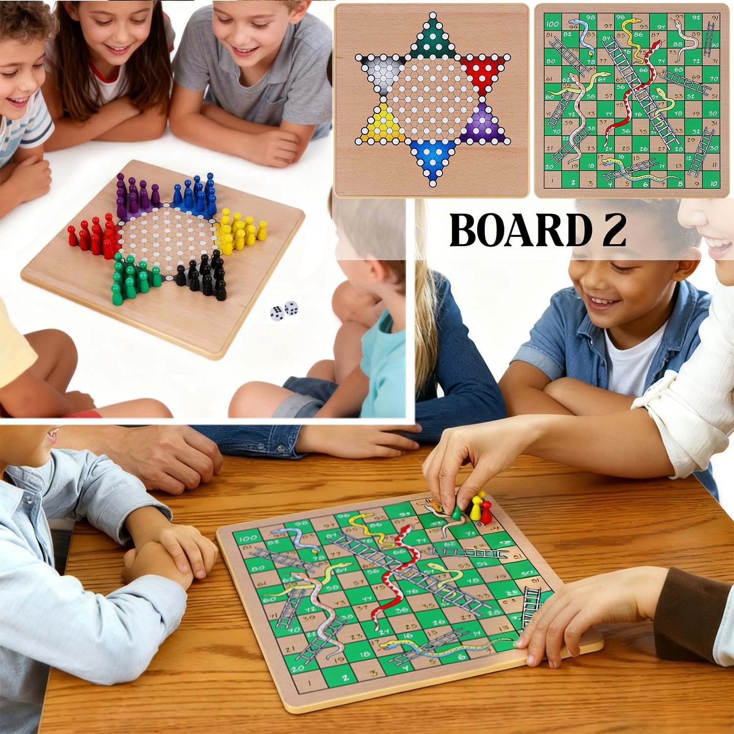 Glintoper 5-in-1 board displaying Snakes and Ladders layout for families