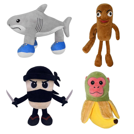GlitchGear Tralalero plush collection displayed together, a playful collectible for fans and room decor.