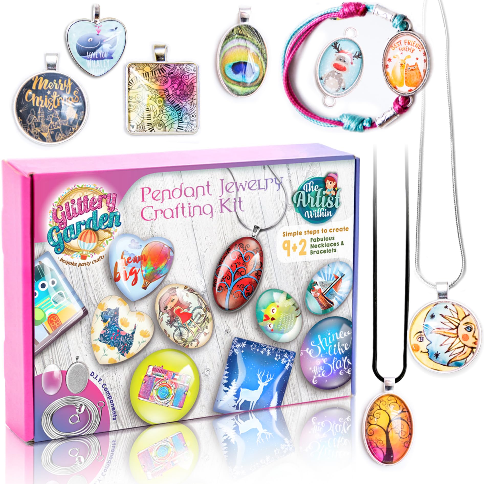Glittery Garden kit contents shown for DIY necklace and bracelet projects.