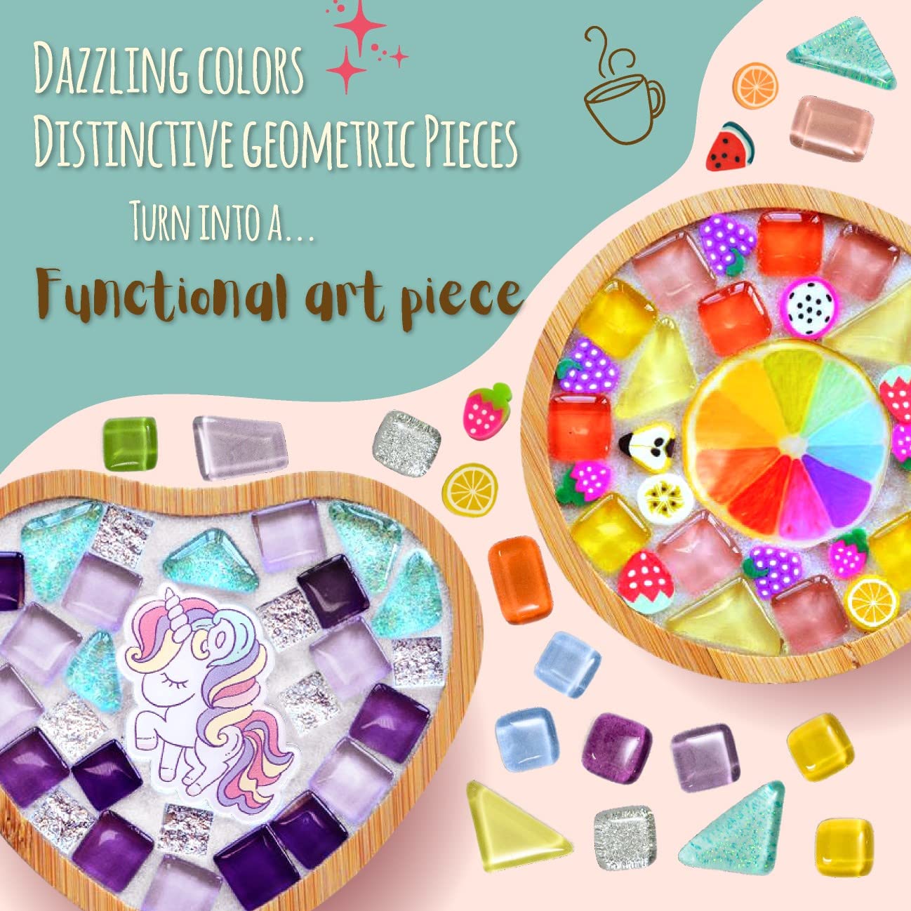 Glittery Garden rainbow heart coaster with sparkling tiles for vibrant kids rooms