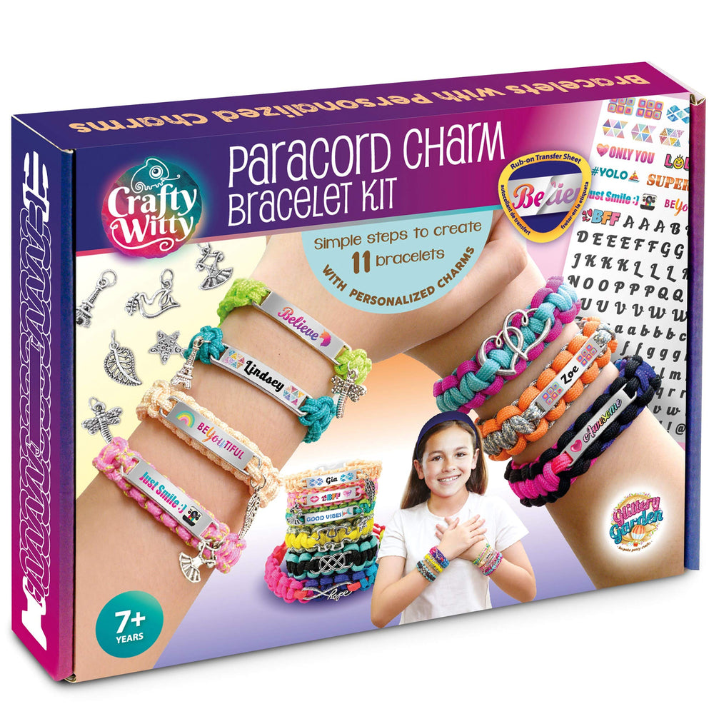 Glittery Garden paracord bracelet kit charms for kids, colorful and creative.