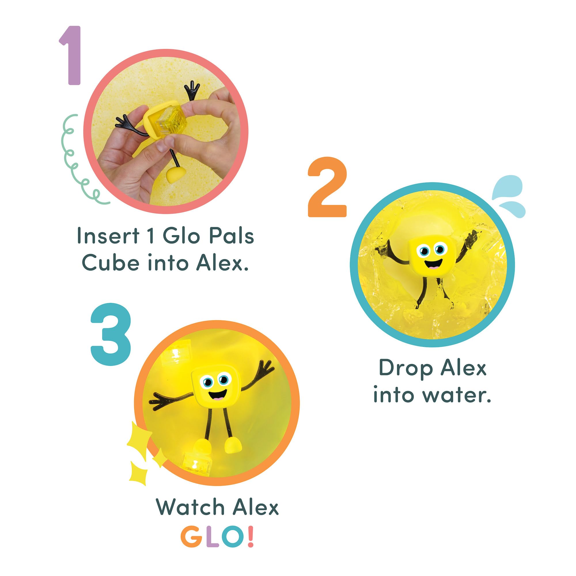 Glo Pals Alex bath time cubes activate on contact with water.