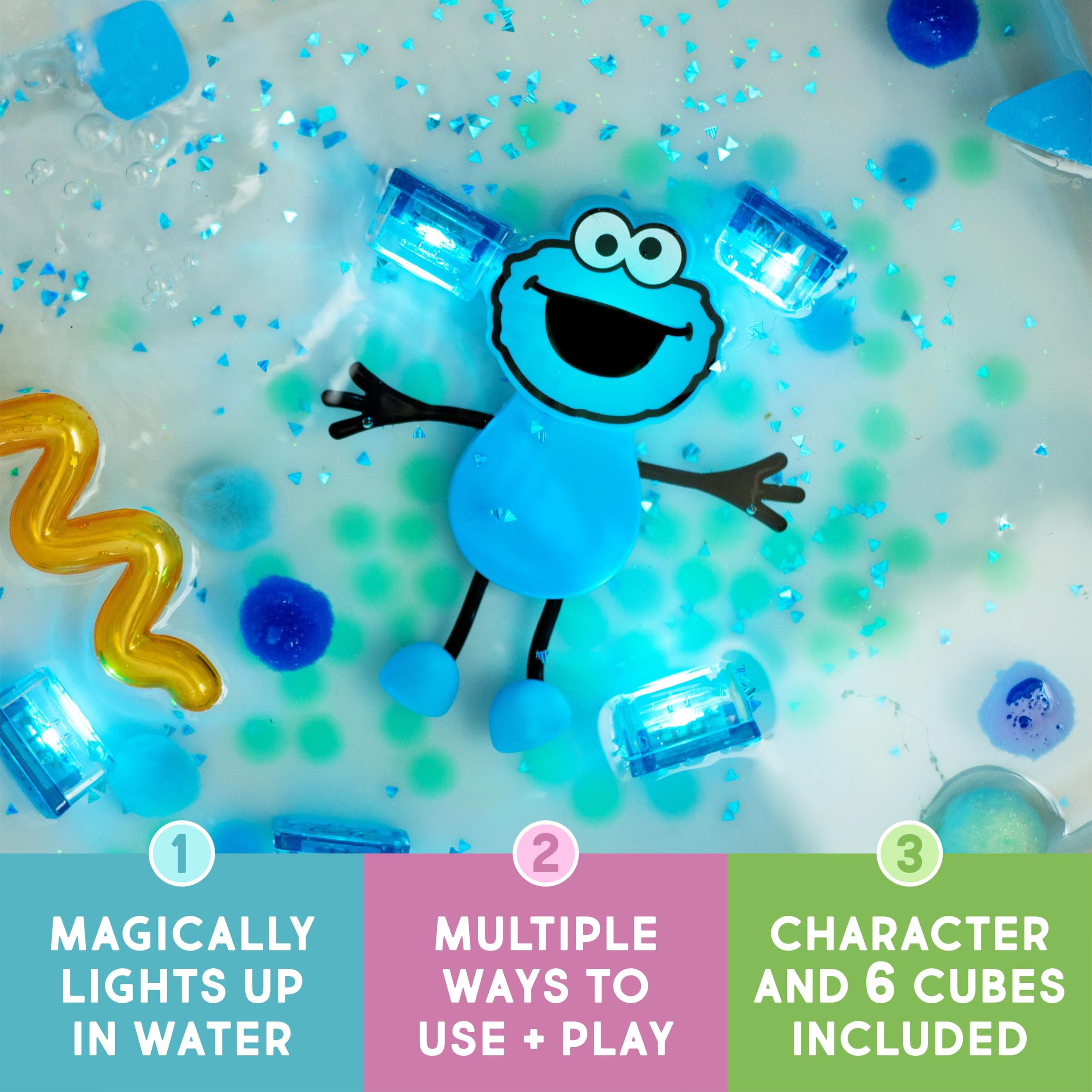 Glo Pals Cookie Monster cubes glow when water activates for bath time.