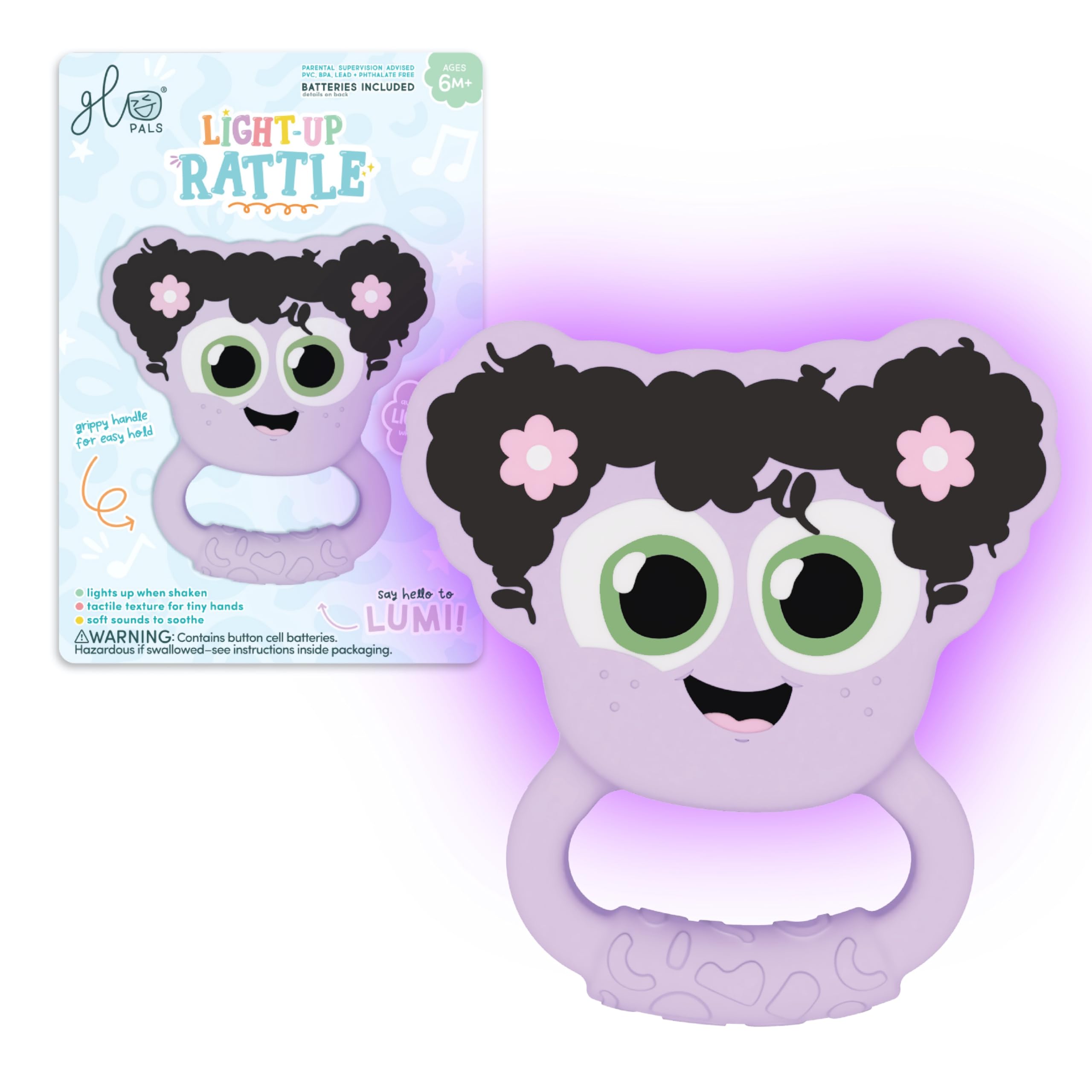 Glo Pals Light-Up Rattle front view with seven-color glow aids visual tracking.