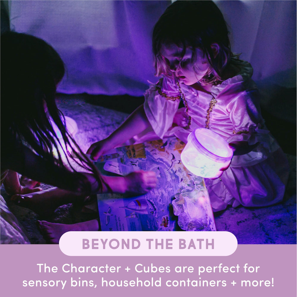 Glo Pals Lumi bath scene with child enjoying safe colorful glow