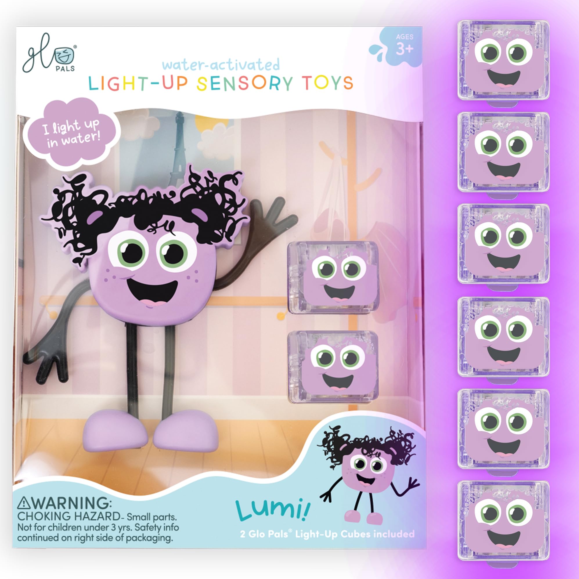 Glo Pals Lumi front view glow cubes for immersive bath time sensory play
