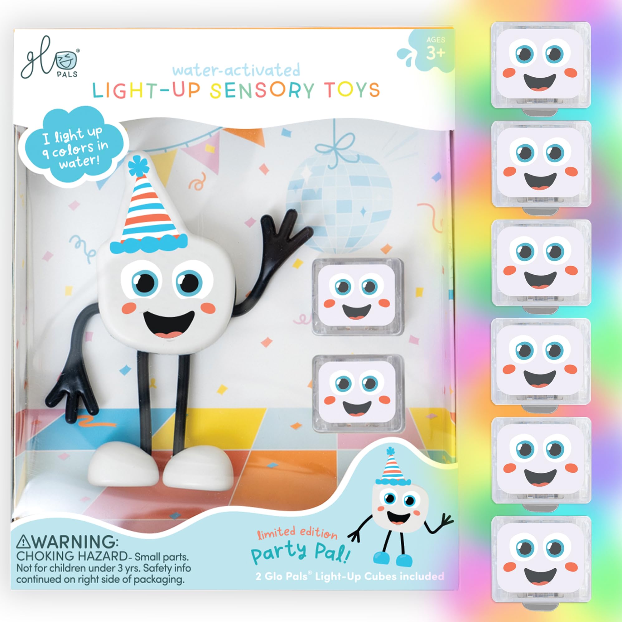 Glo Pals Party Pal cubes glow in bath for colorful sensory play.