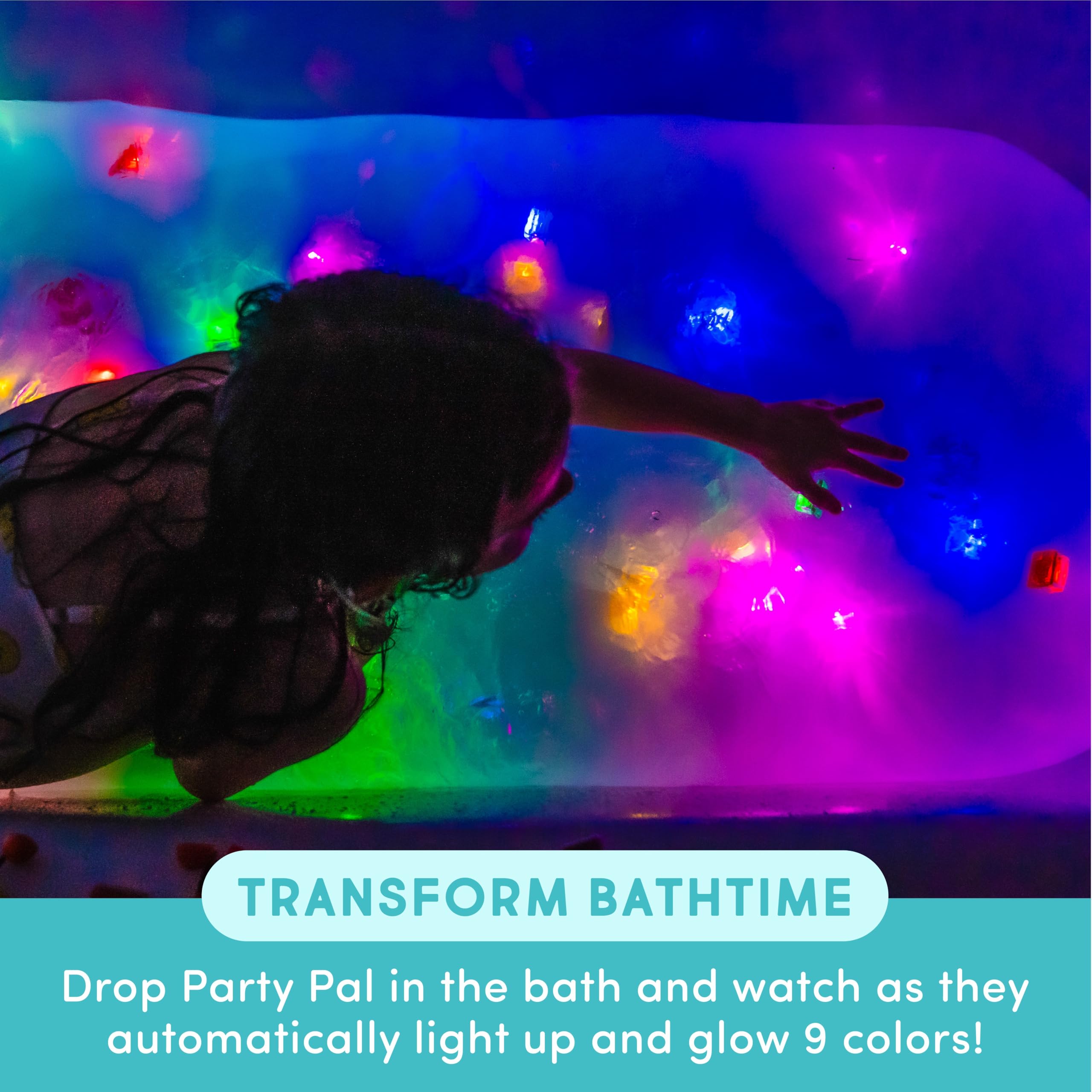 Glo Pals six reusable cubes enhance nighttime bath play with glow.