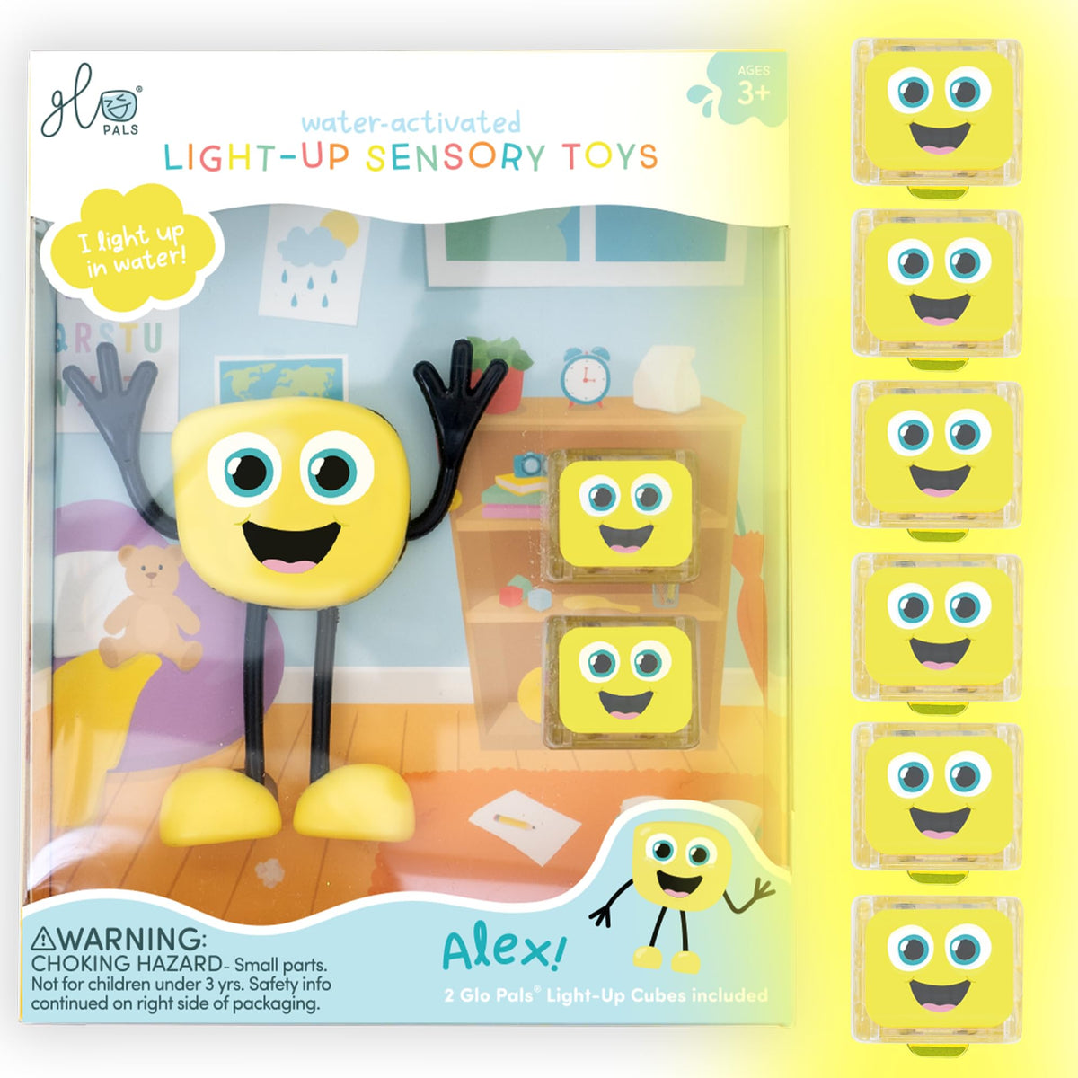 Glo Pals water-activated bath toy cubes glow for engaging sensory play.
