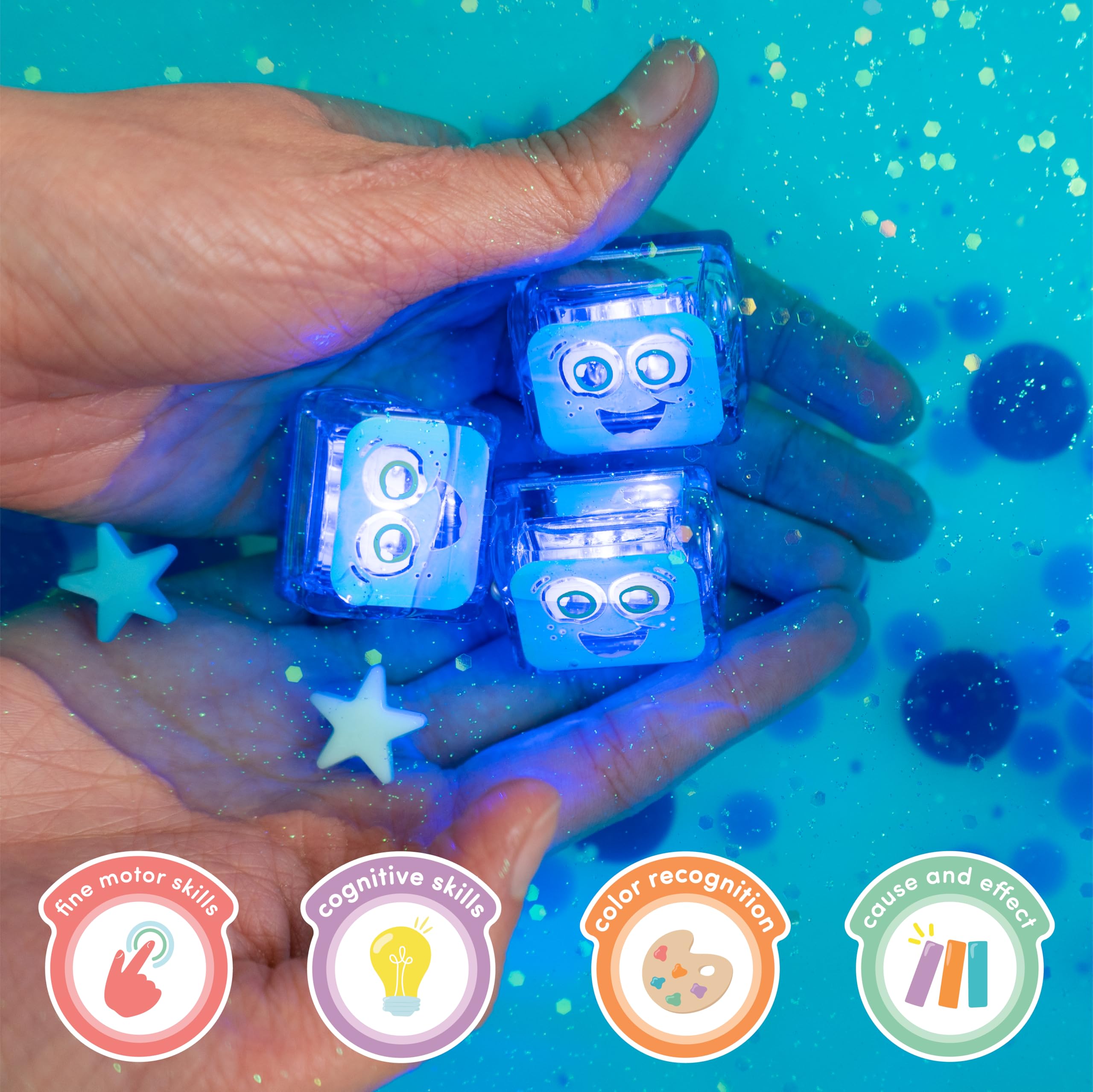 Glo Pals child enjoys bath time with a gentle glow and tactile cubes