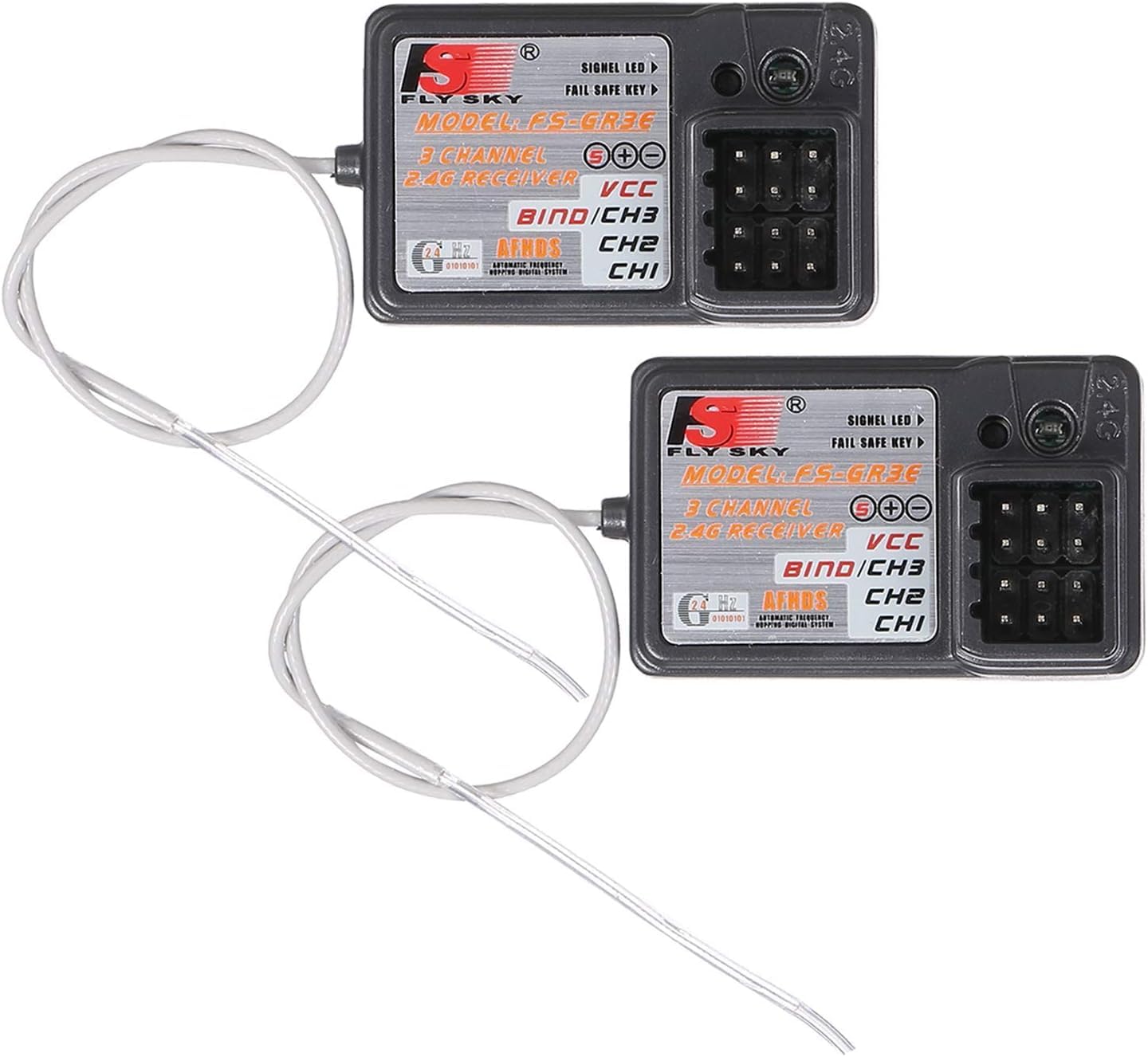 Globact FS-GR3E receiver front view shows compact design and AFHDS compatibility.
