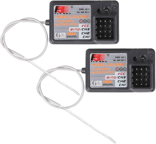 Globact FS-GR3E receiver front view shows compact design and AFHDS compatibility.