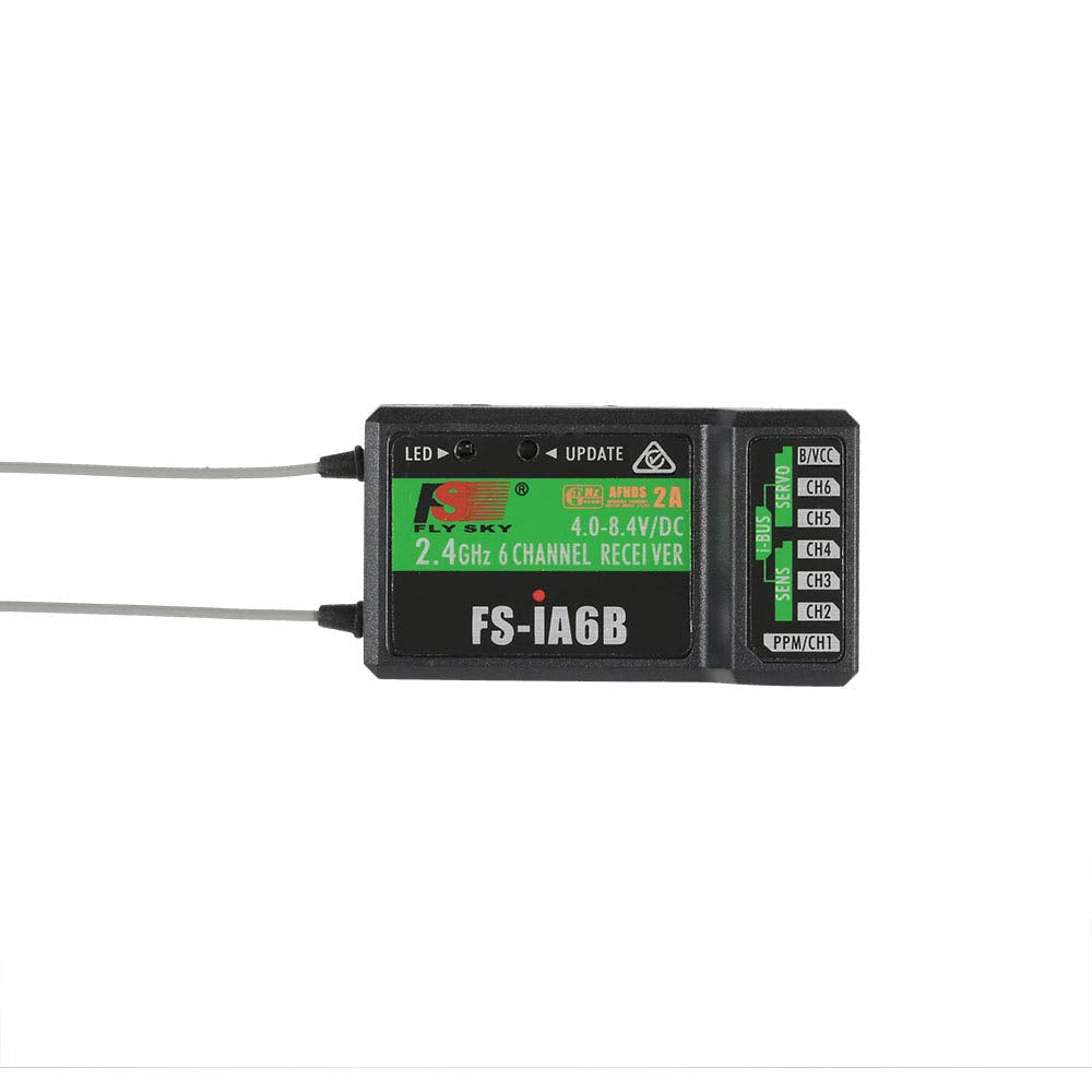 Globact Flysky FS-iA6B receiver front view highlighting compact, lightweight design.
