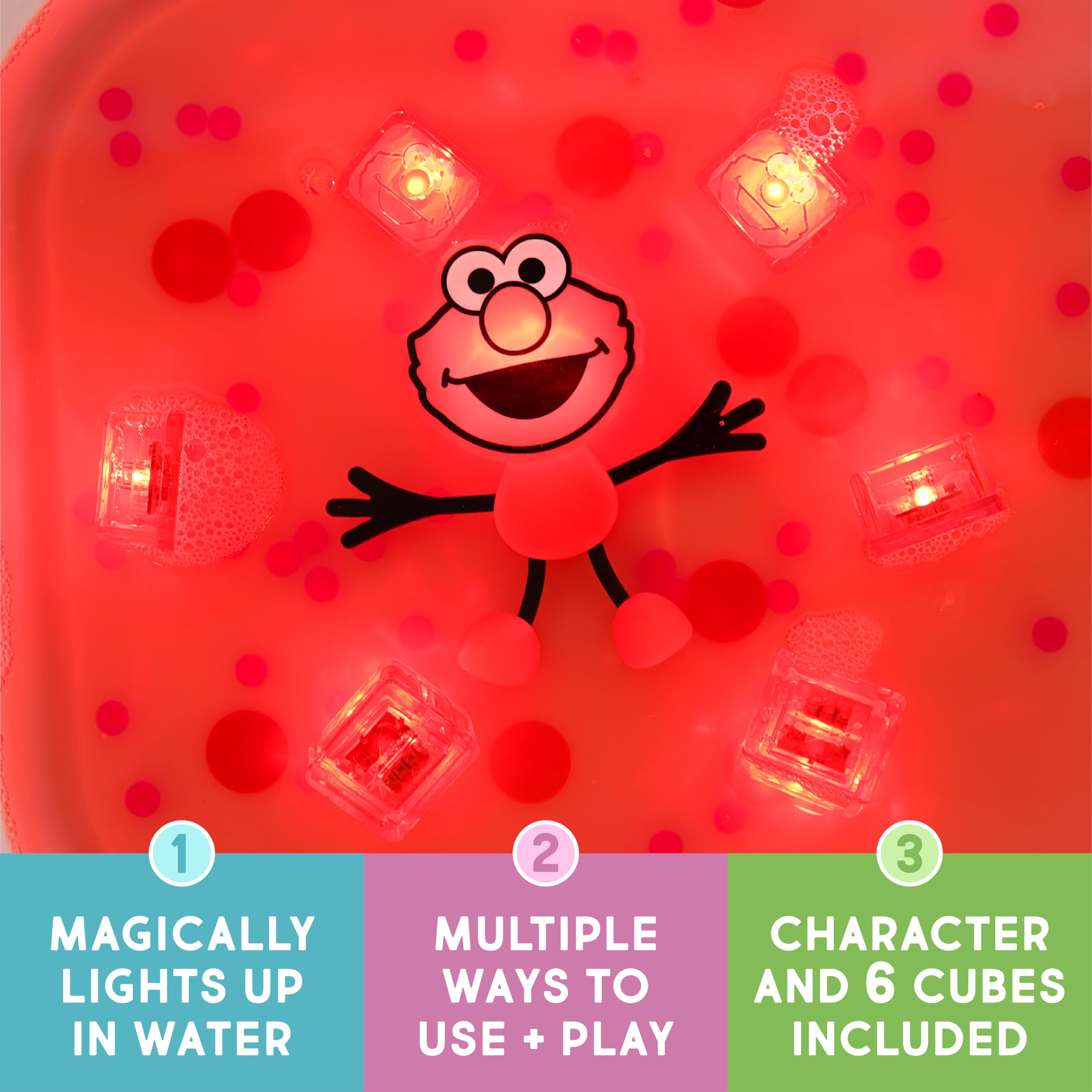 Glo Pals Elmo cubes illuminate when submerged, creating engaging color cues during playtime.
