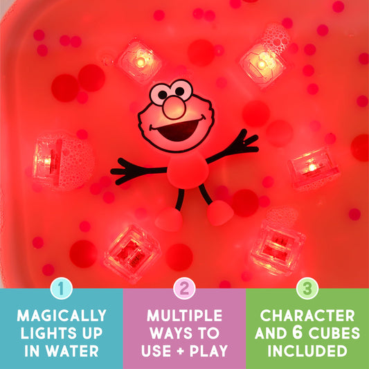 Glo Pals Elmo cubes illuminate when submerged, creating engaging color cues during playtime.