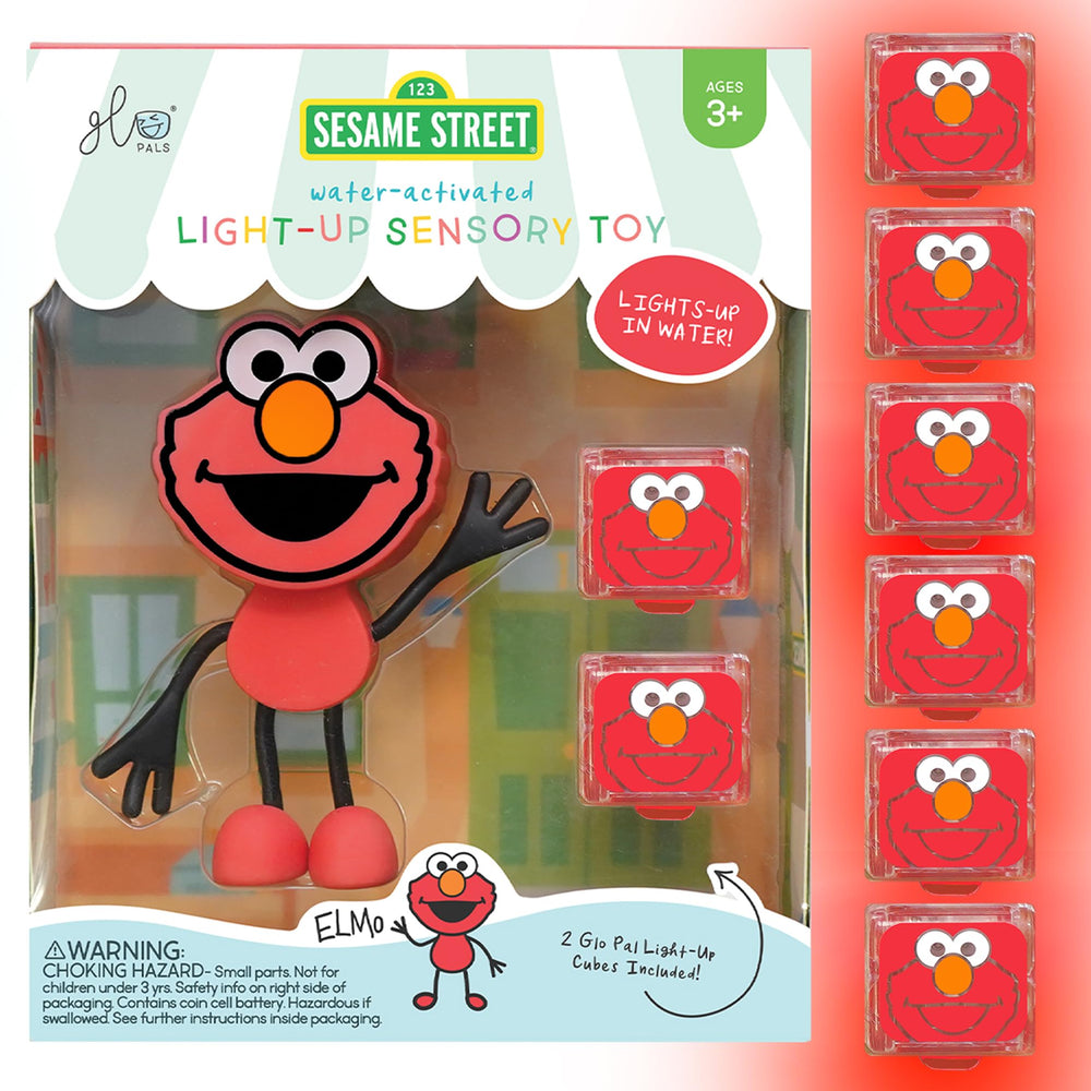 Glo Pals Elmo water-activated light-up cubes brighten bath play and promote sensory exploration.
