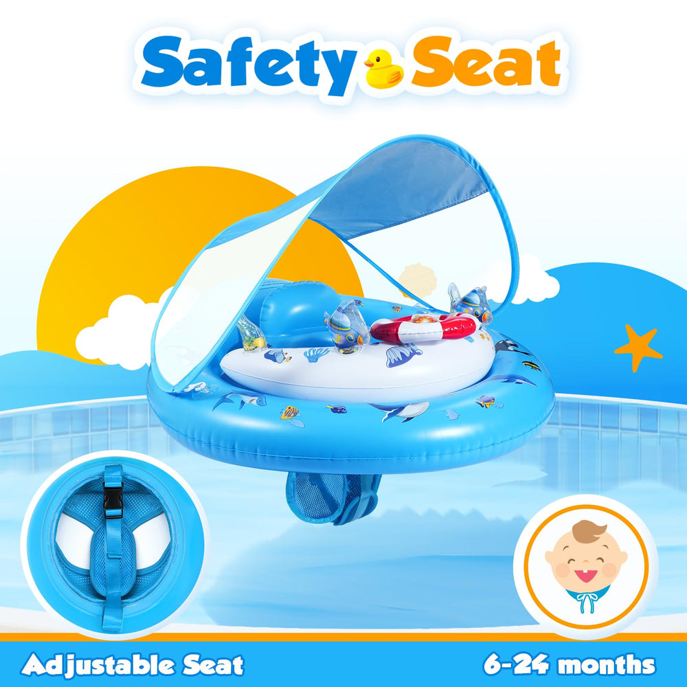 GLOPUS baby pool float canopy closed highlighting UPF50+ protection