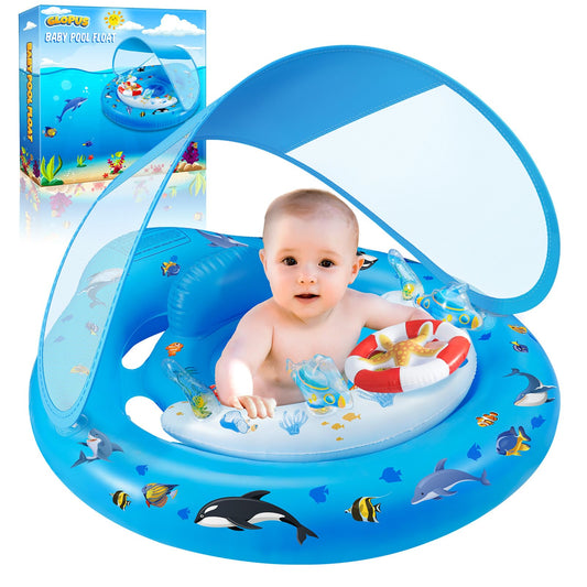 GLOPUS baby pool float with canopy providing UPF50+ sun protection in bright sun
