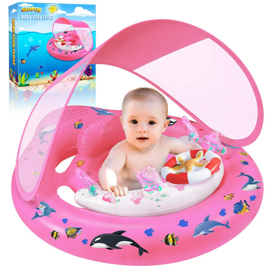 GLOPUS baby pool float with canopy shields skin during sunny outdoor swims