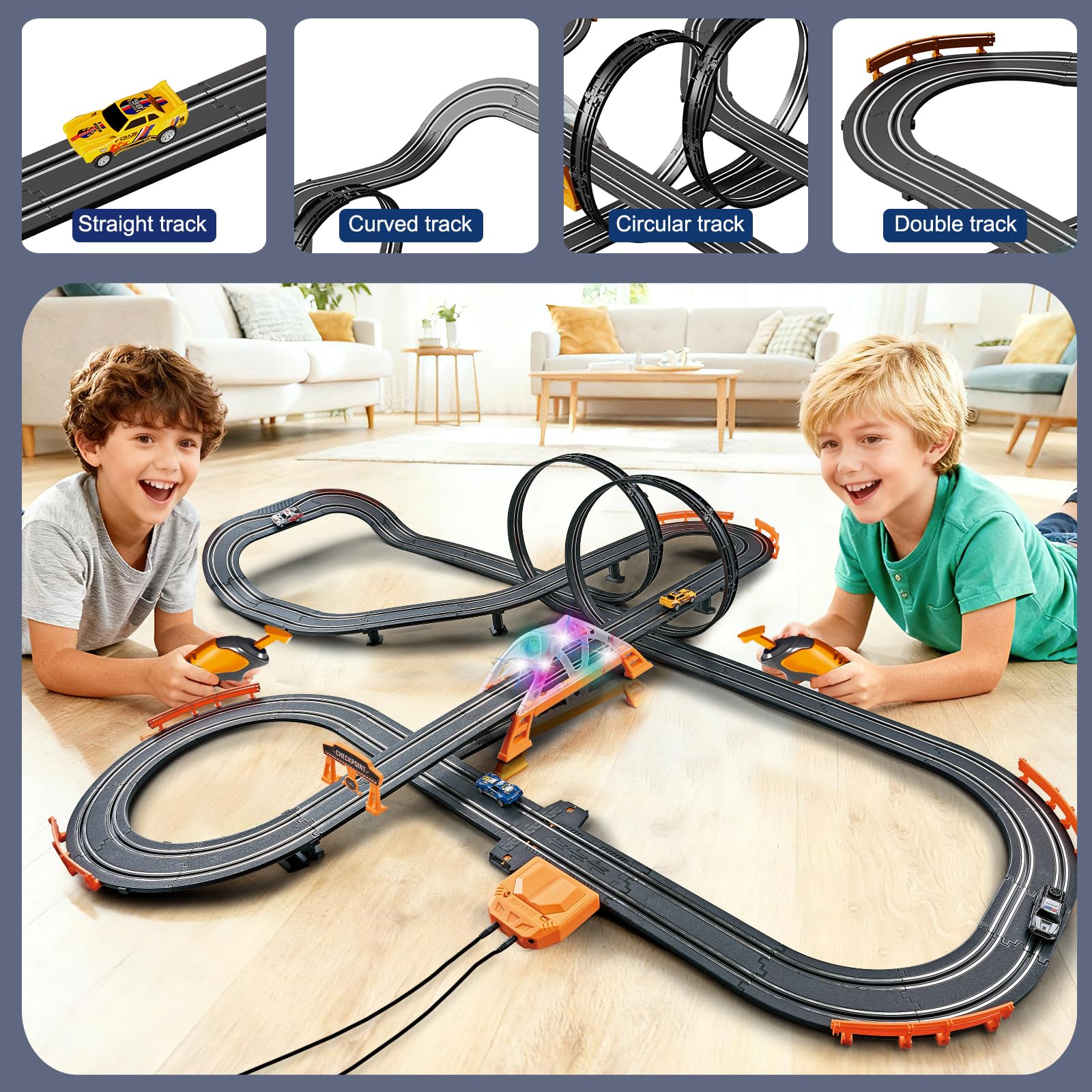 Glorryearst slot car track dual power modes support battery or electric use.