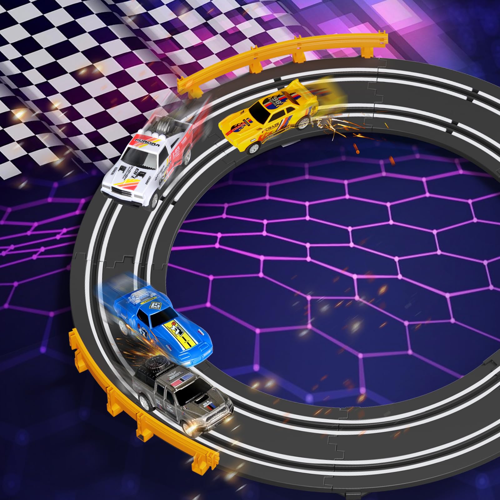 Glorryearst slot car track includes four cars for quick competition.