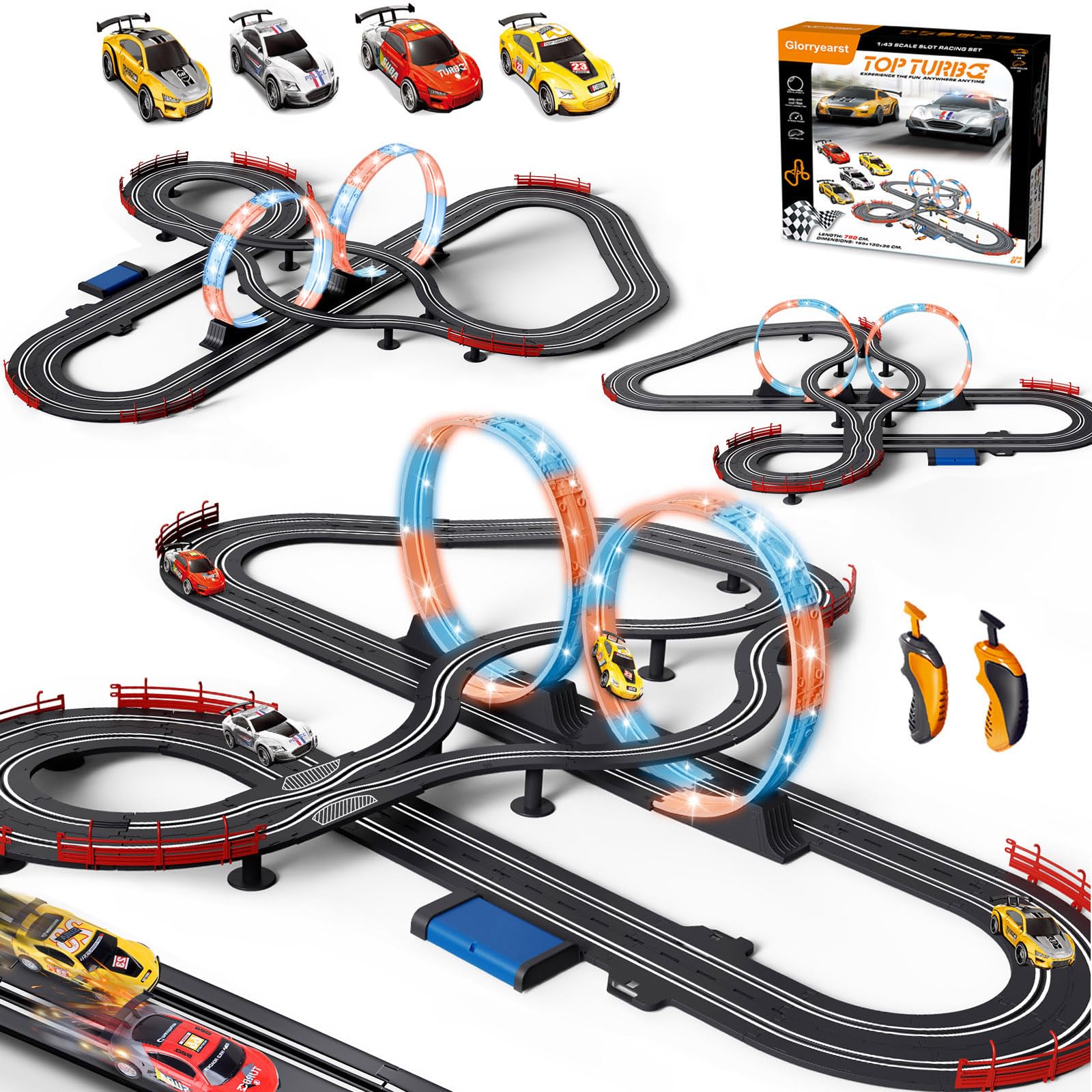 Glorryearst slot track with 28ft LED circle for glowing racing action.