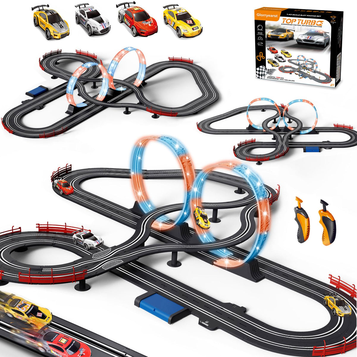 Glorryearst slot track with 28ft LED circle for glowing racing action.