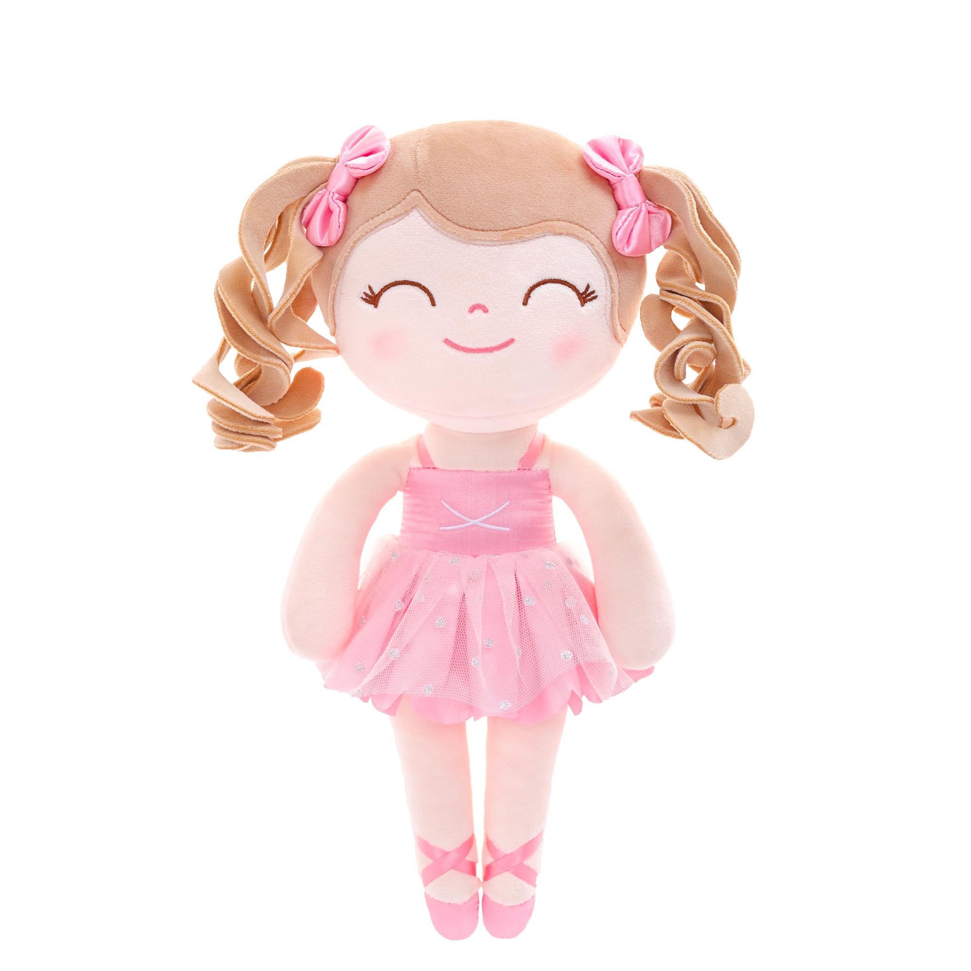 Gloveleya Baby Doll with curly hair in pink dress for cozy cuddling