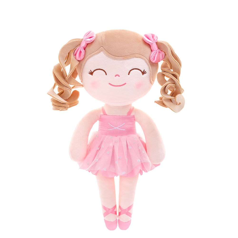 Gloveleya Baby Doll with curly hair in pink dress for cozy cuddling