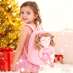 Gloveleya backpack side view shows curly doll charm.