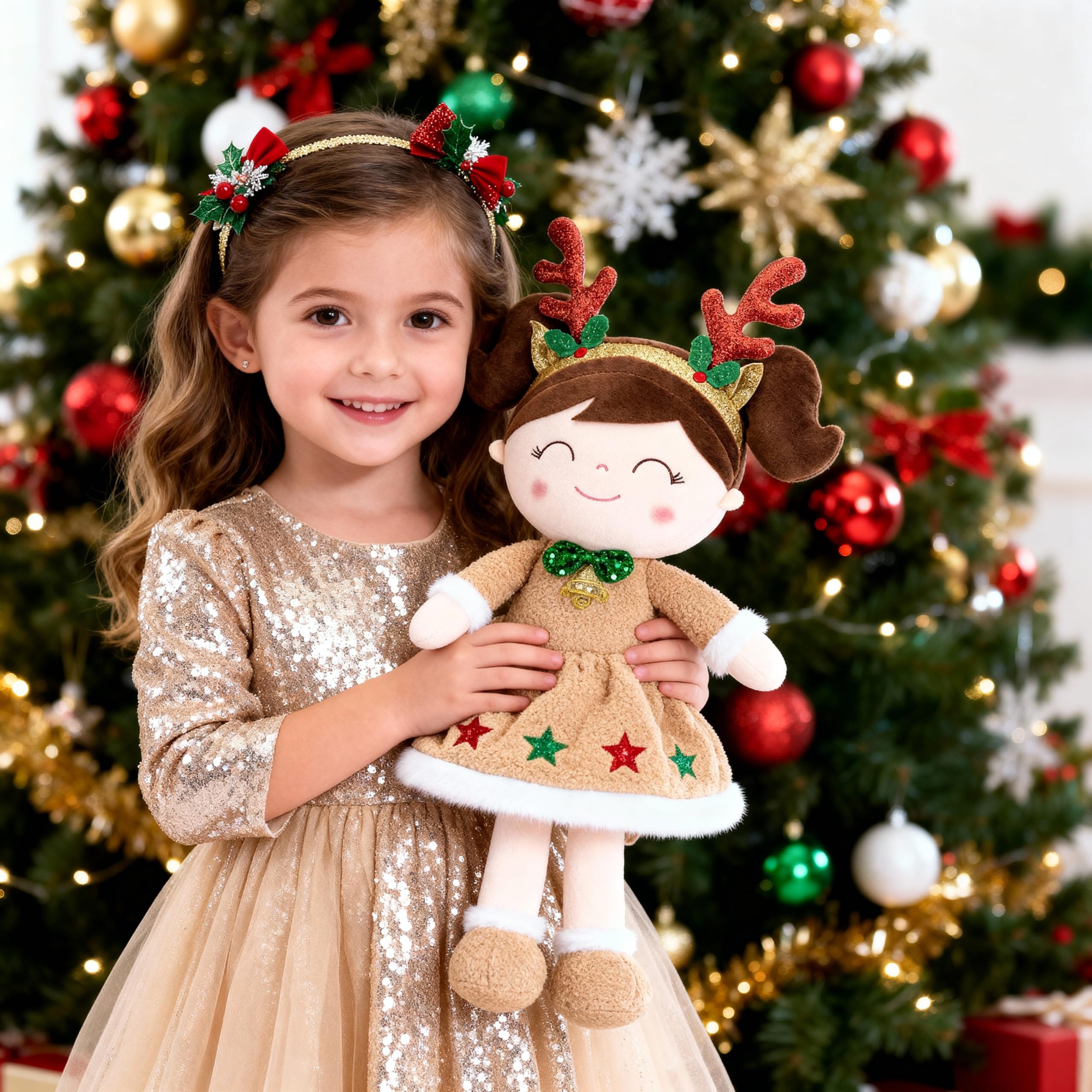 Gloveleya Christmas Reindeer Girl plush sits beneath the tree inviting imagination.