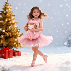 Gloveleya plush-curly-ballerina-doll with kids backpack, ideal for imaginative play.