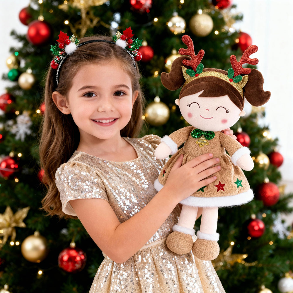 Gloveleya reindeer plush with sparkling antlers ideal for holiday stories.