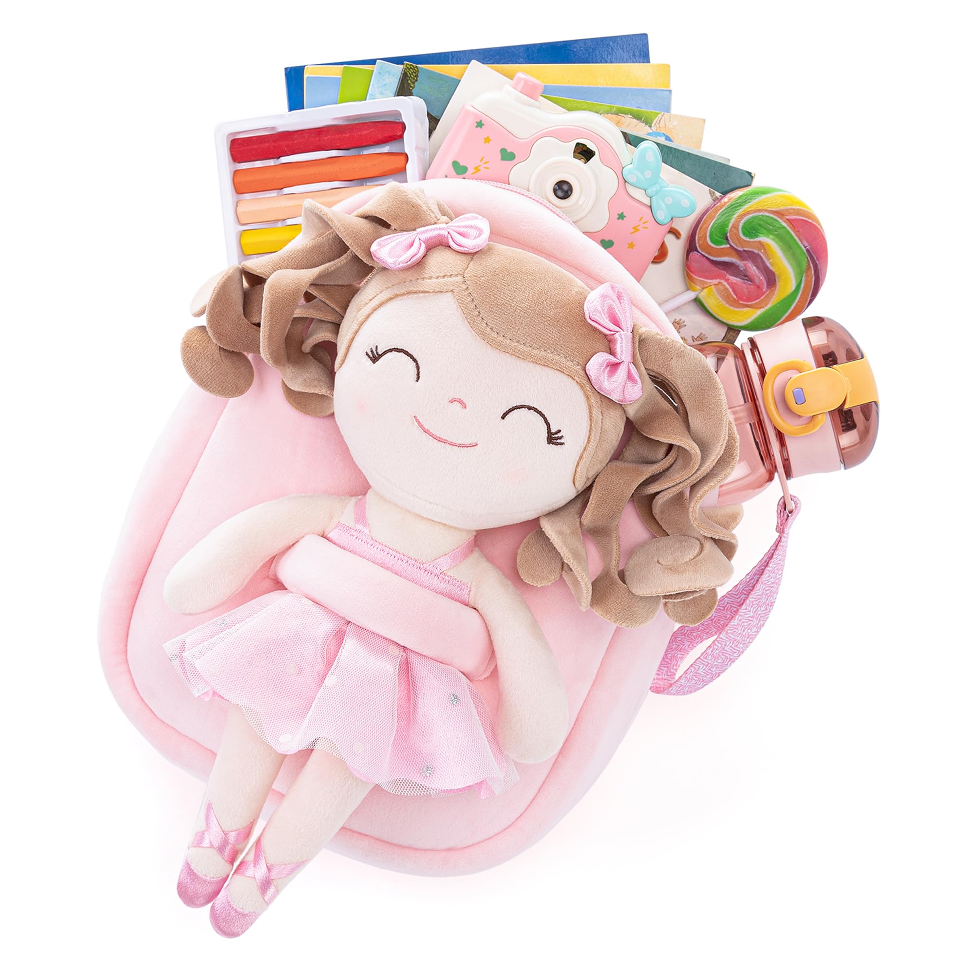 Gloveleya toddler backpack with plush curly ballerina doll in pink, 9 inches, perfect for cuddling on the go.