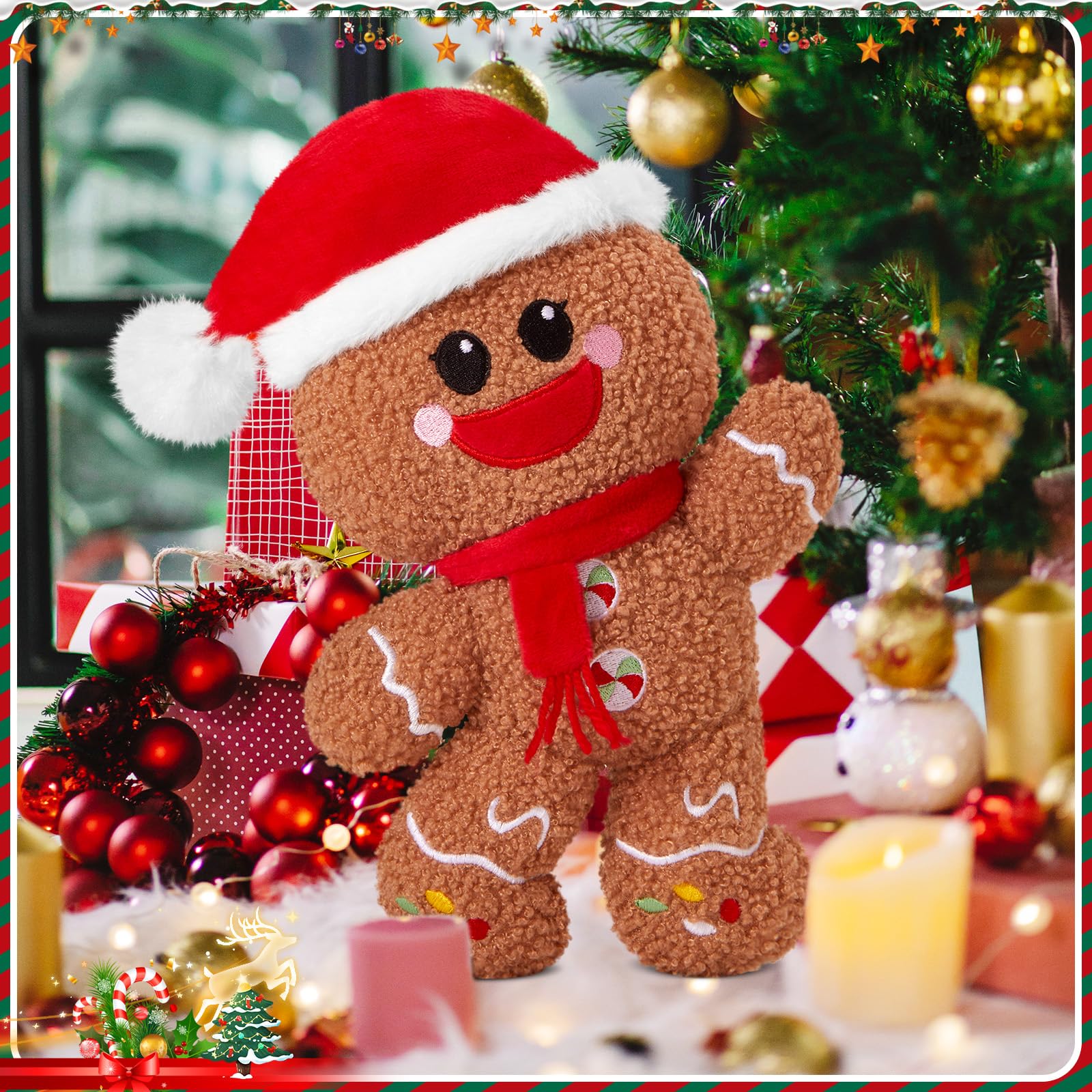 Glow Guards gingerbread-man plush on sofa adds cozy holiday ambiance.