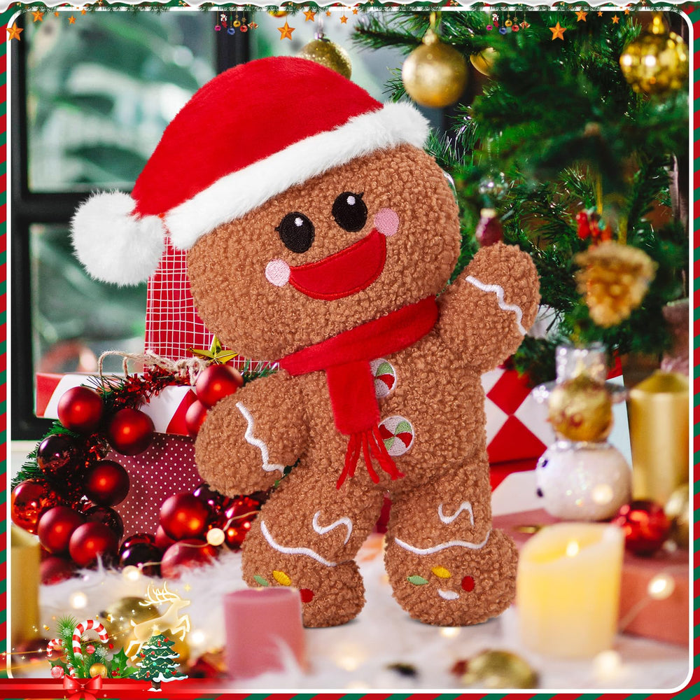 Glow Guards gingerbread-man plush on sofa adds cozy holiday ambiance.