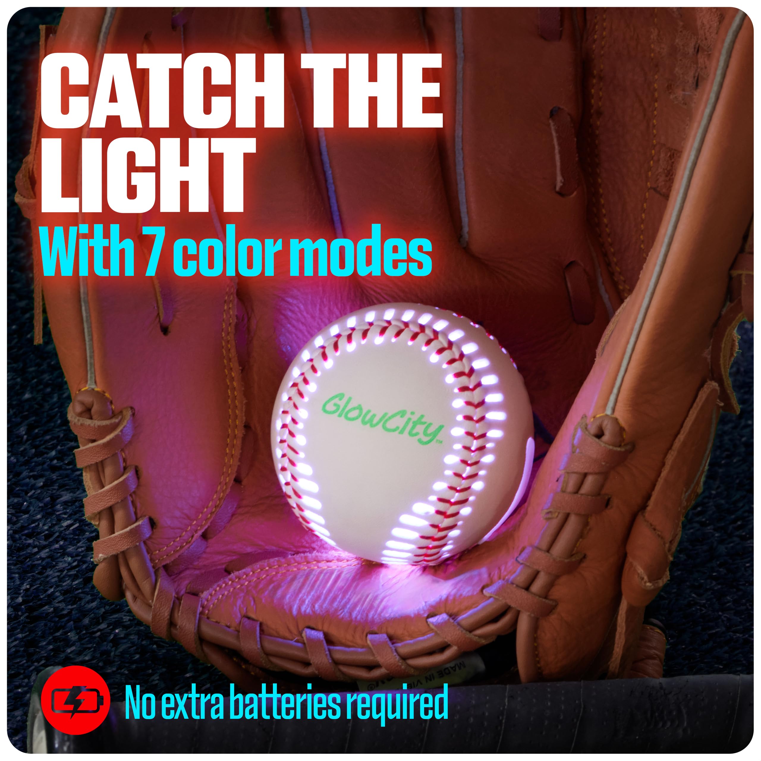 GlowCity Premium Leather LED Baseball glowing in the dark for backyard fun.
