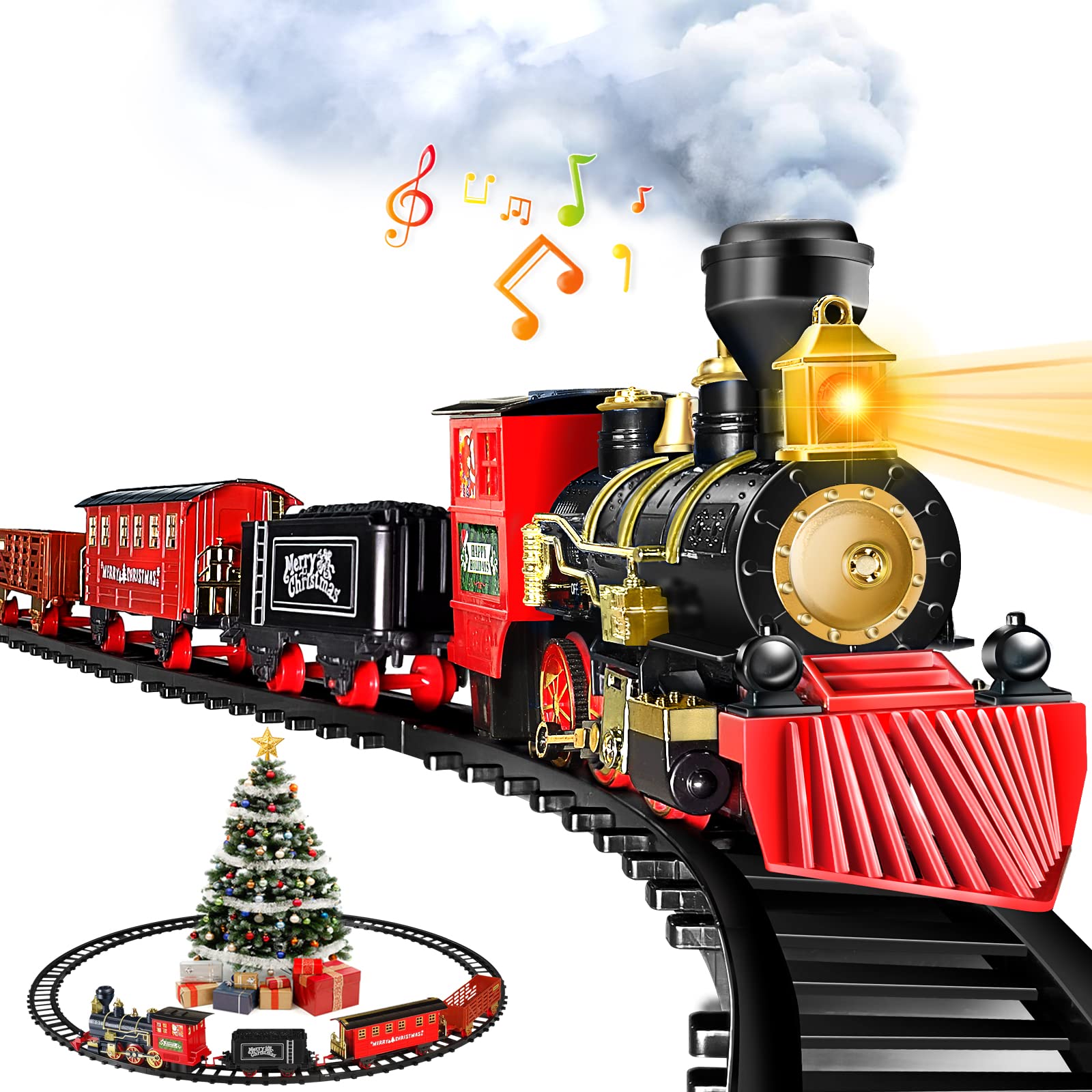 Gloween Christmas train set with steam and lights for festive tree-side play.