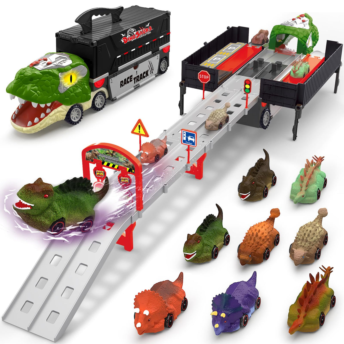 Gloween Dinosaur Transport Truck with Cars - front view for interactive play