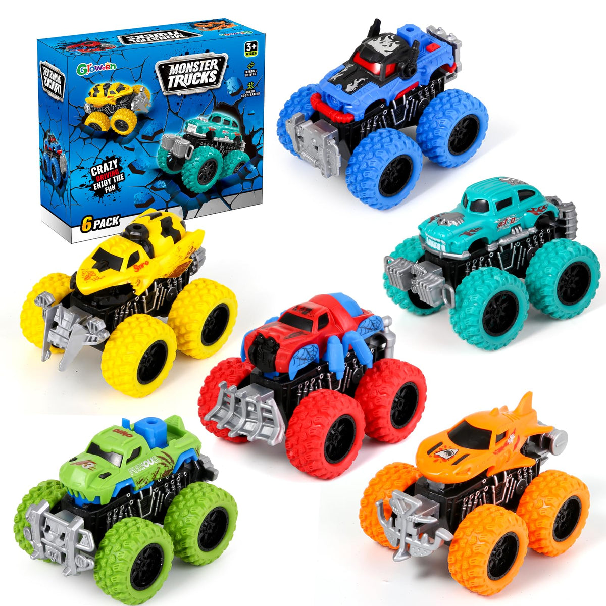 Gloween Monster Trucks 6-pack front view, action-ready for kids