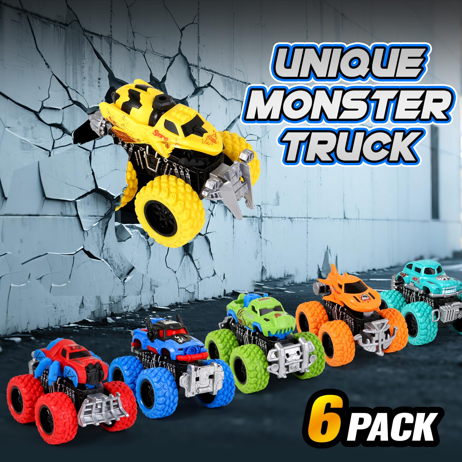 Gloween Monster Trucks 6-pack side view, sturdy rubber wheels for rough play