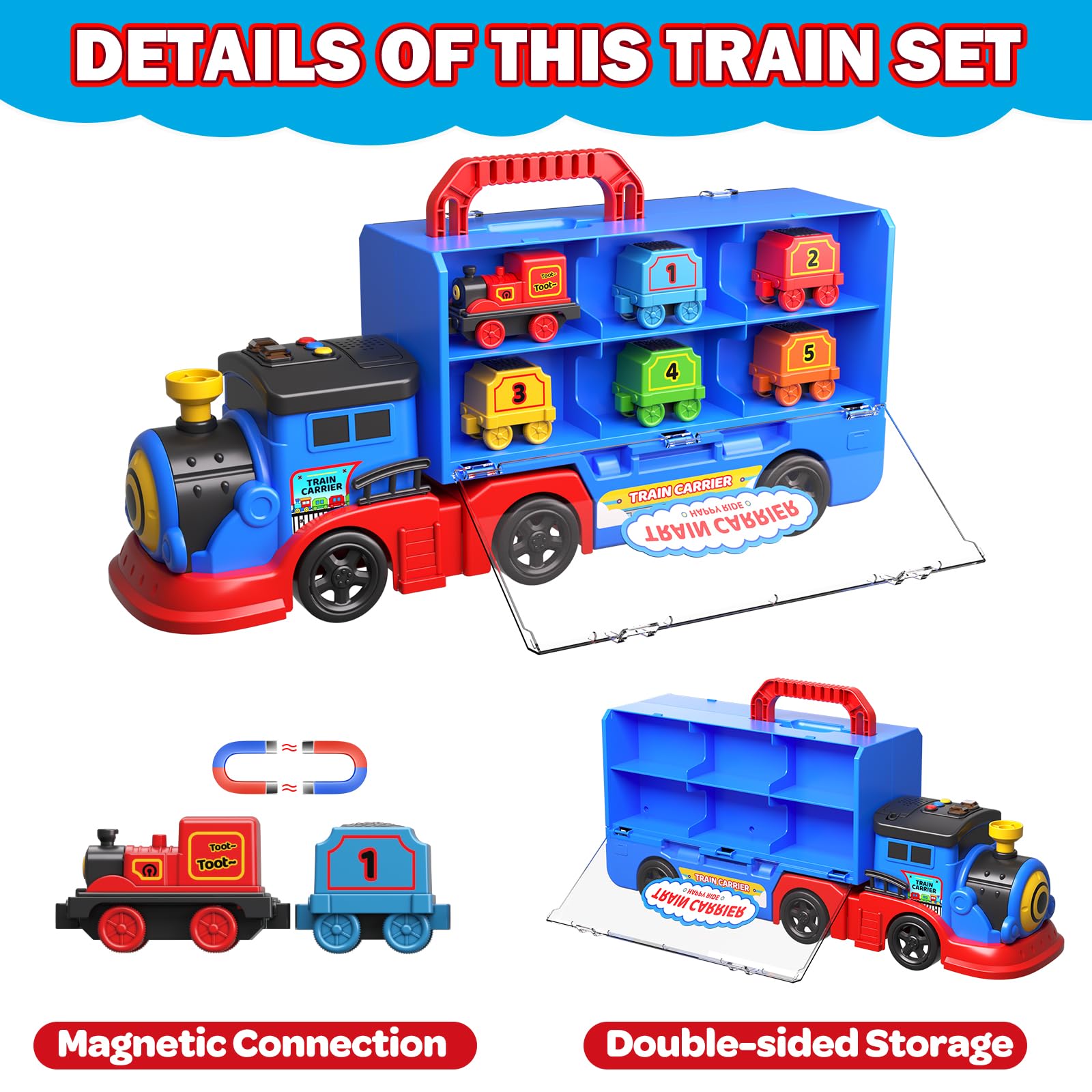Gloween truck features double-sided storage container for organized play objects.