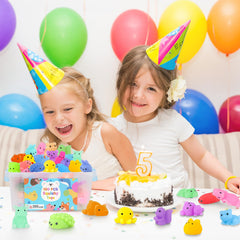 Gluaintdux squishy toys in vibrant colors stored in a bucket for easy gifting.