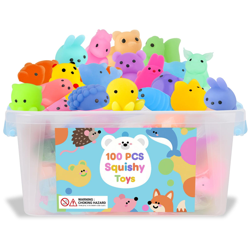 Gluaintdux 100-piece squishy toys with dinosaurs for classroom prizes and stress relief.