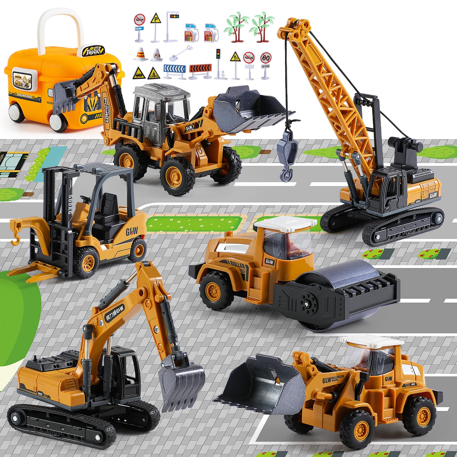 GLW construction trucks toy set with yellow bus storage for engaging pretend play