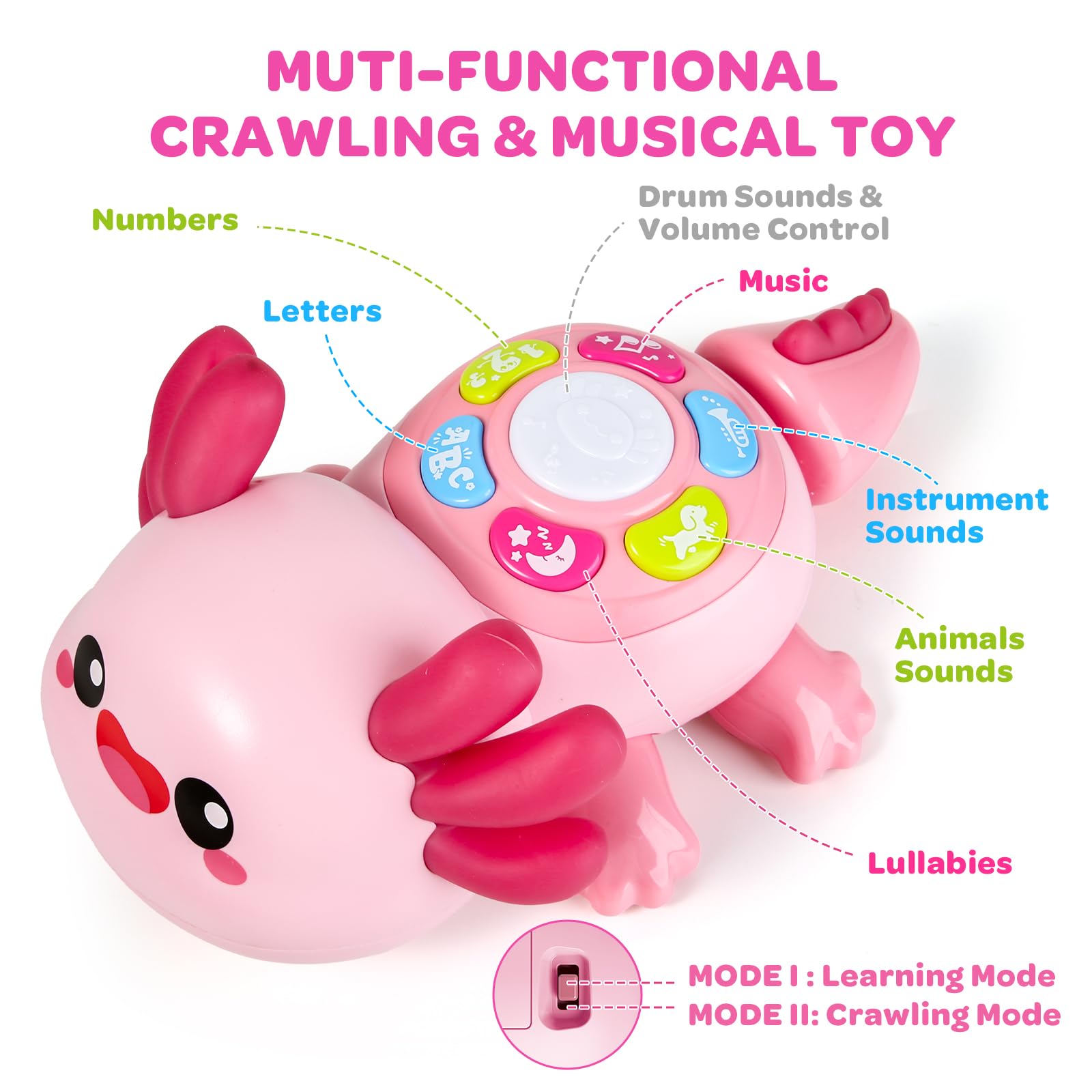 GMAOPHY axolotl toy tummy time with lights engages visual tracking and curiosity
