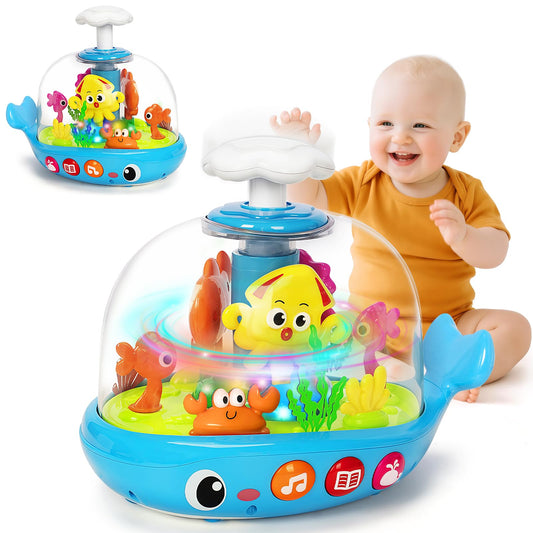 GMAOPHY baby aquarium toy with whale spray button activating lights and spin for sensory play