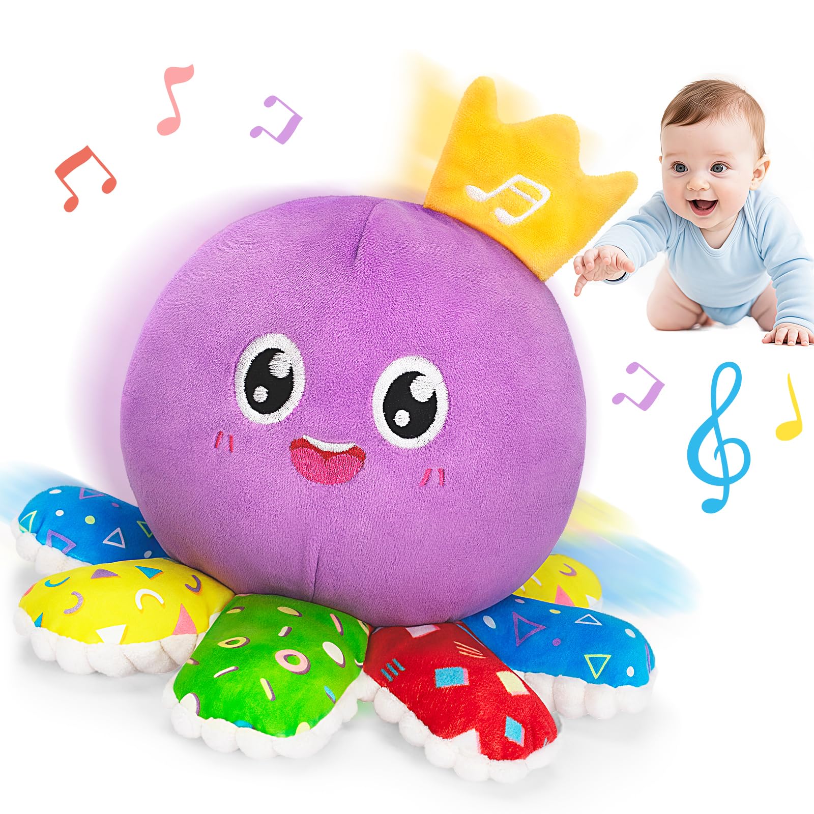 GMAOPHY crawling octopus toy with musical crown for early rhythm play.